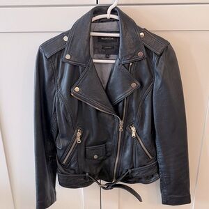 Massimo Dutti Navy Leather Biker Jacket